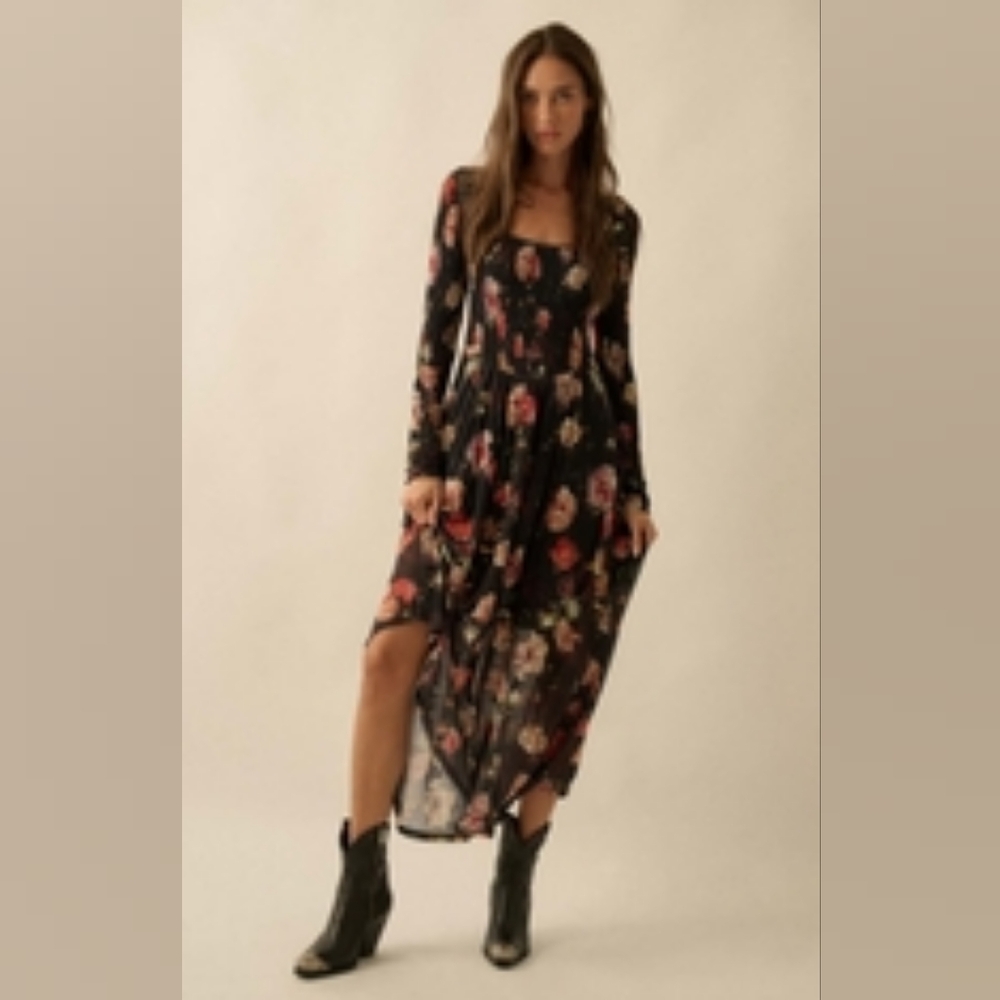 Promesa Maisy Maxi Black Floral Long Sleeve Dress
